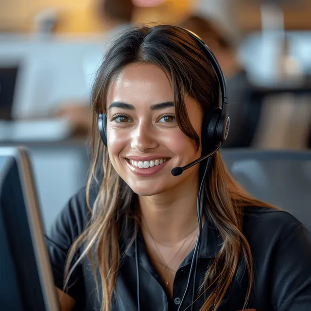 A smiling customer service representative wears a headset at a desk inside a call center office.