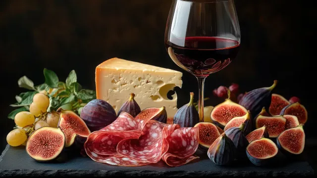 Fresh figs, salami slices, cheese wedge, grapes, and a glass of red wine arranged on a dark tabletop.