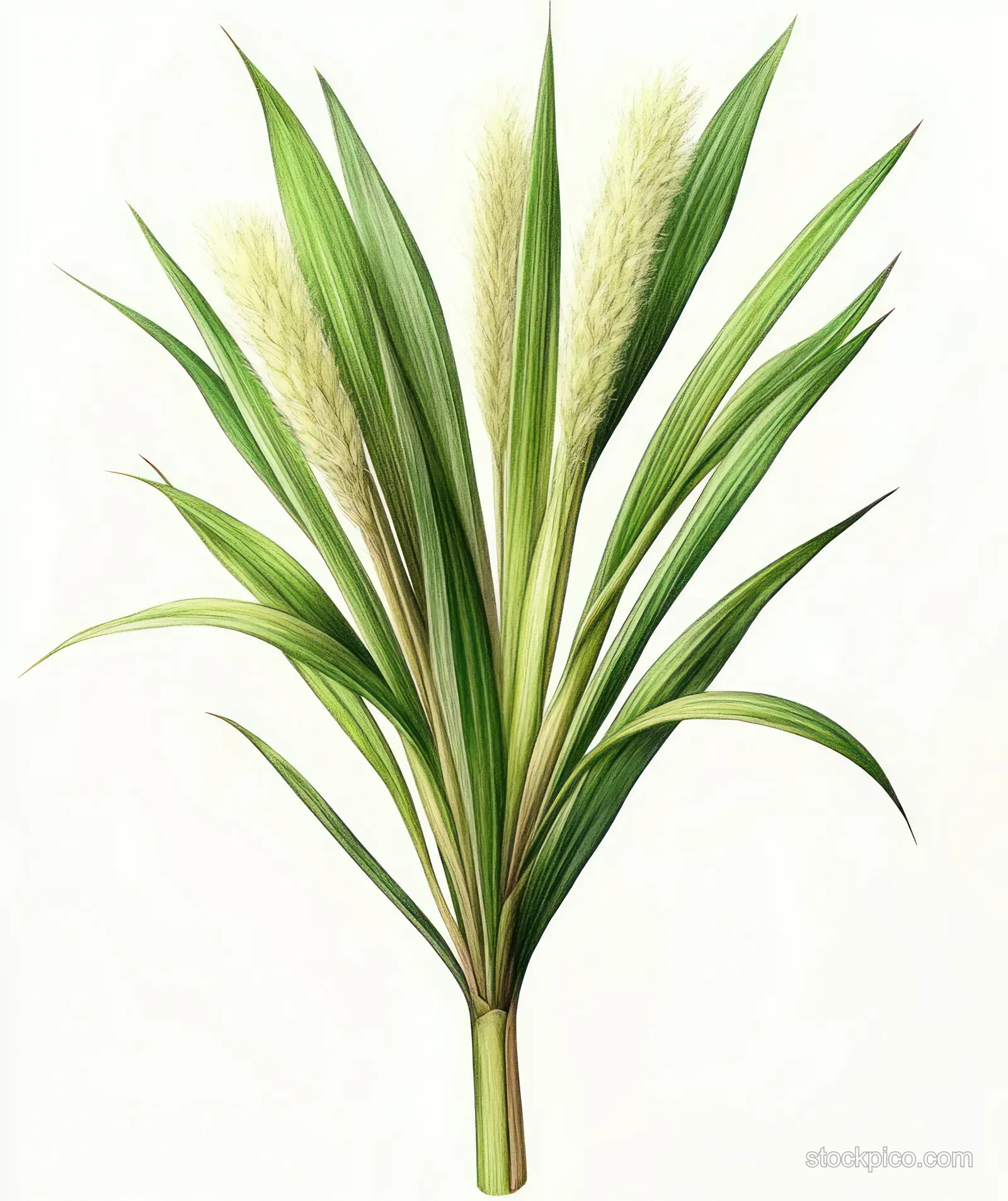 Green plant with long narrow leaves and pale fluffy flower spikes isolated on a white background.