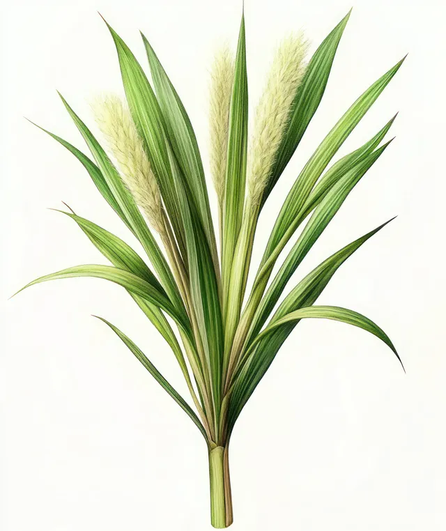 Green leafy plant with narrow blades and pale fluffy flower spikes on white background