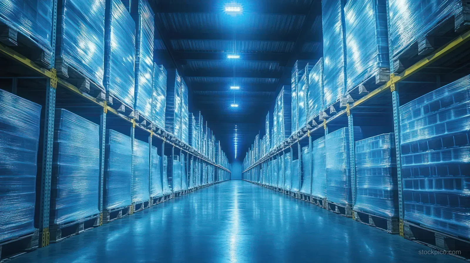 Illuminated refrigerated warehouse aisle with pallet racking and blue cold-room panels lining the walls.