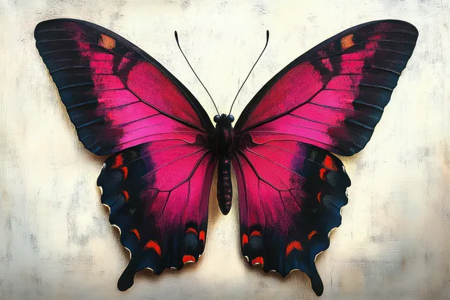 Vibrant pink and black butterfly with spread wings on a light textured backdrop