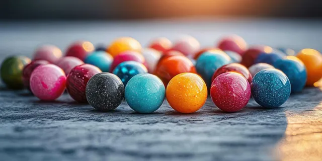 Colorful glossy marbles scattered on a textured stone surface with soft light and a blurred background.