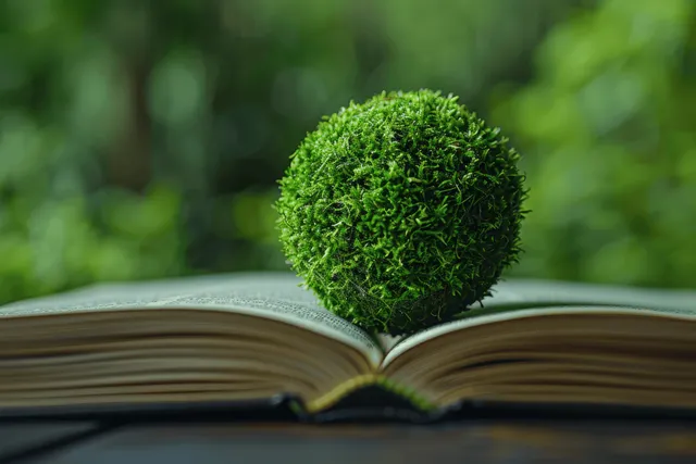 An open book supports a mossy green globe while a forest background softly blurs behind it.