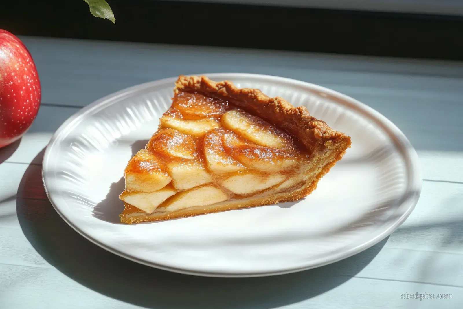 A slice of apple pie with a caramelized crust on a white plate in soft natural window light.