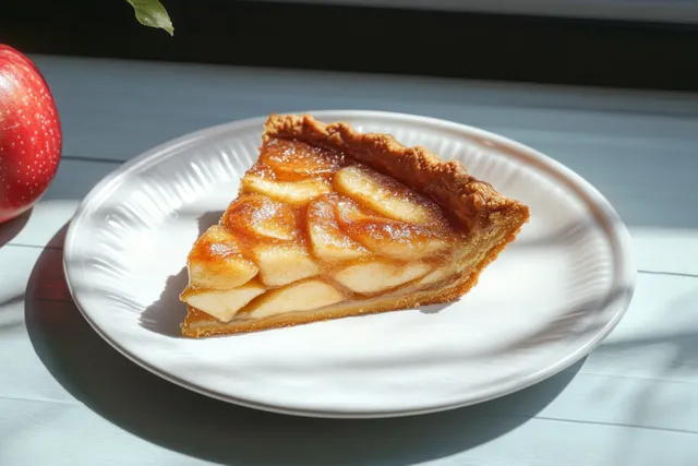 A slice of apple pie with a caramelized crust on a white plate in soft natural window light.