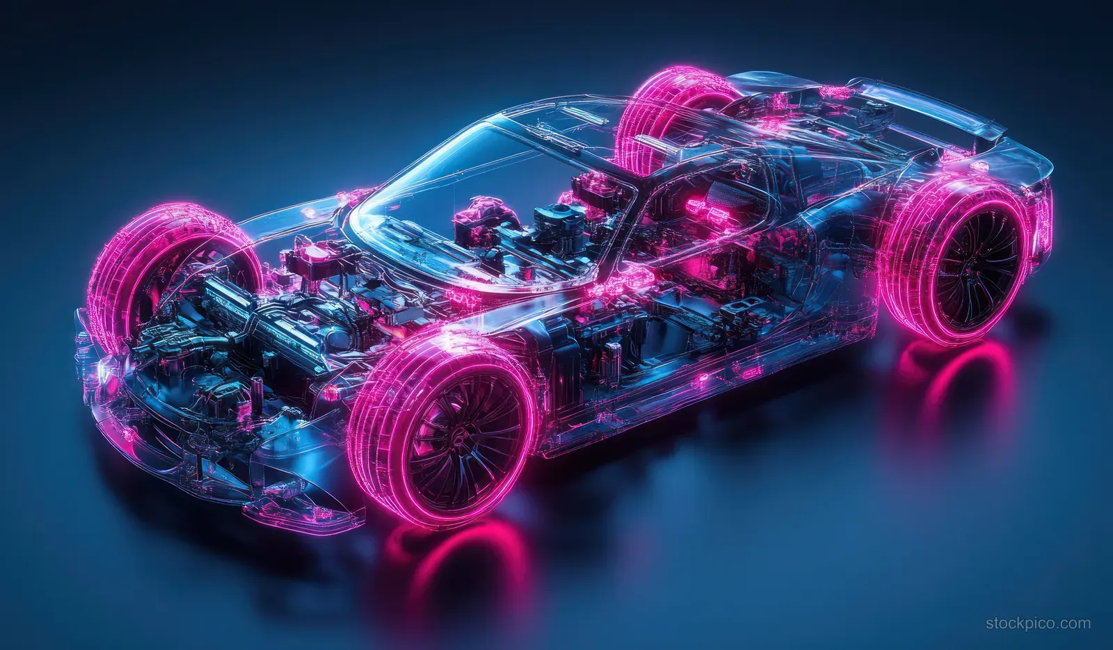 Cutaway neon-lit cyberpunk hydrogen car chassis with visible suspension, fuel-cell components, and spinning wheels.