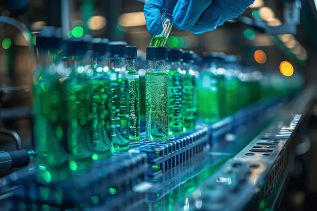 Gloved scientist pipetting green solution into beaker beside lab test tubes