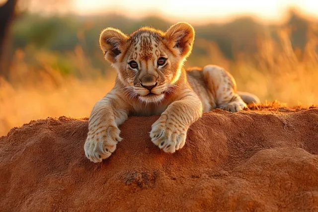 A young lion cub rests on a reddish dirt mound in warm golden sunlight, staring alertly from a savanna backdrop.