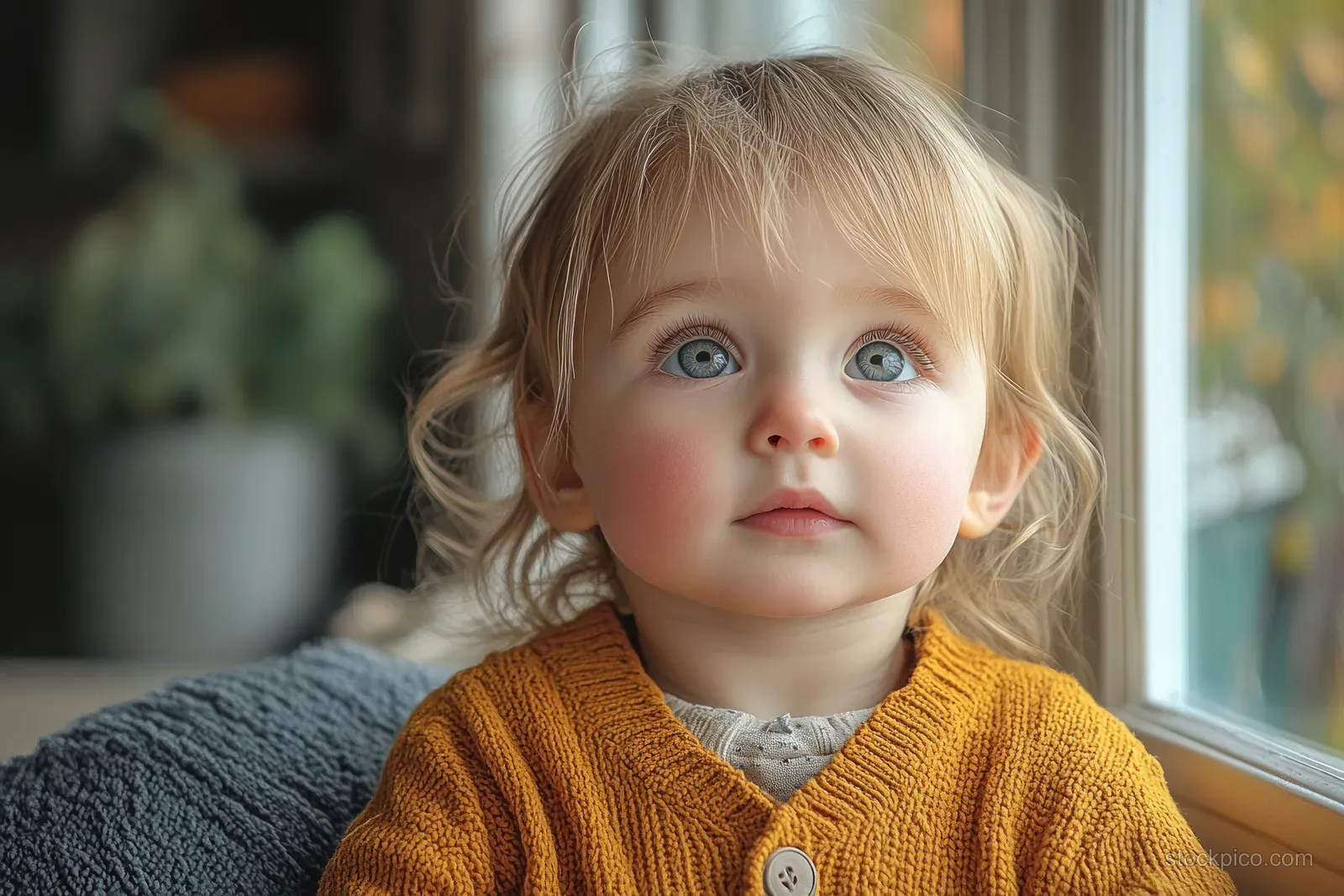 Young girl in a yellow cardigan smiles at the camera beside a window with softly blurred background.