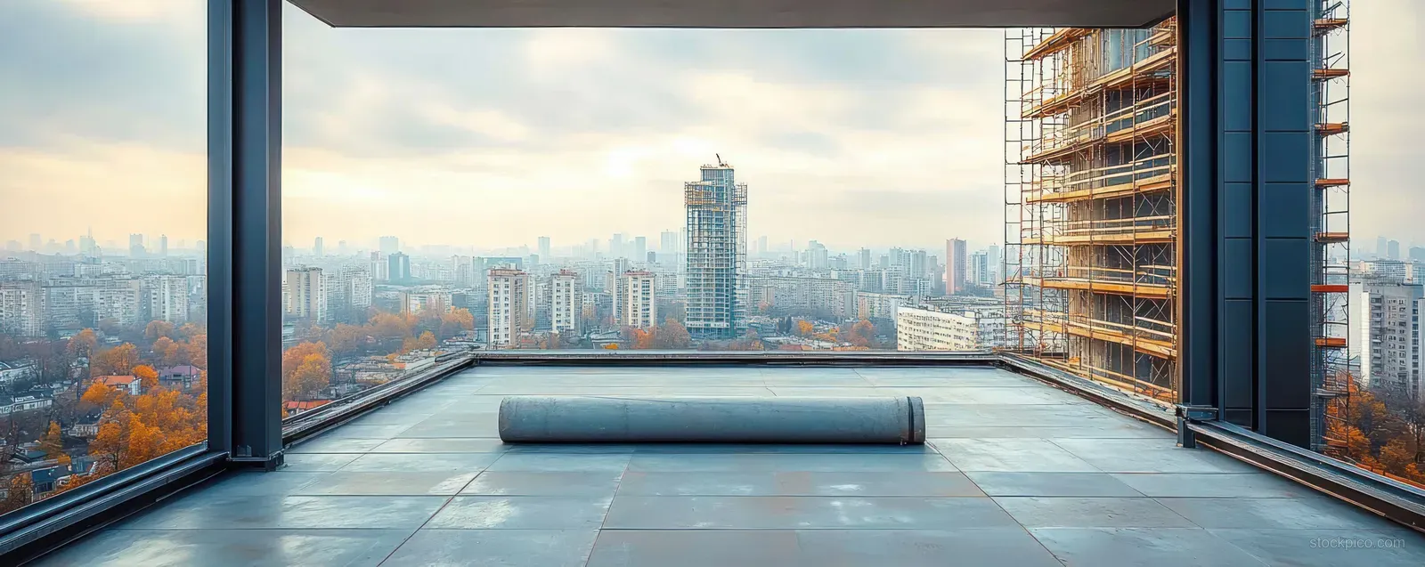 Unfinished rooftop terrace with steel columns overlooks a city skyline and orange autumn trees.