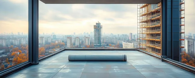 Unfinished rooftop terrace with steel columns overlooks a city skyline and orange autumn trees.