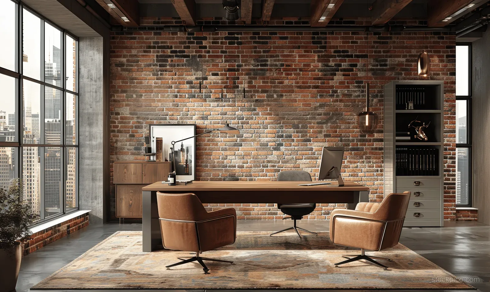Modern home office interior with brick wall, wooden desk, leather chairs, and large windows showing a city skyline.