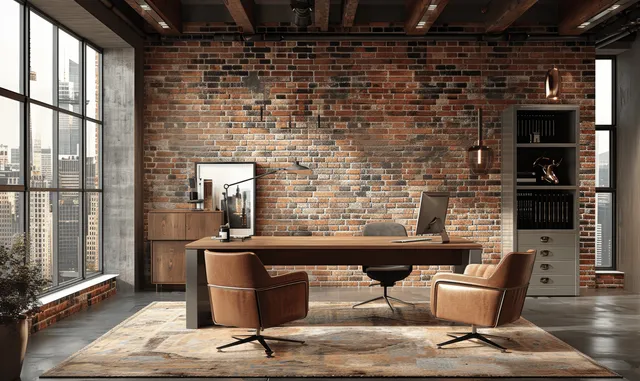 Modern home office interior with brick wall, wooden desk, leather chairs, and large windows showing a city skyline.