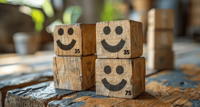 Smiling wooden blocks on a step ladder with checkmark icons for progress planning