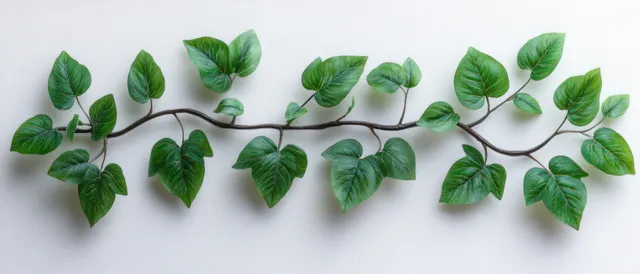 Green vine leaves arching across white background with grape-like foliage border
