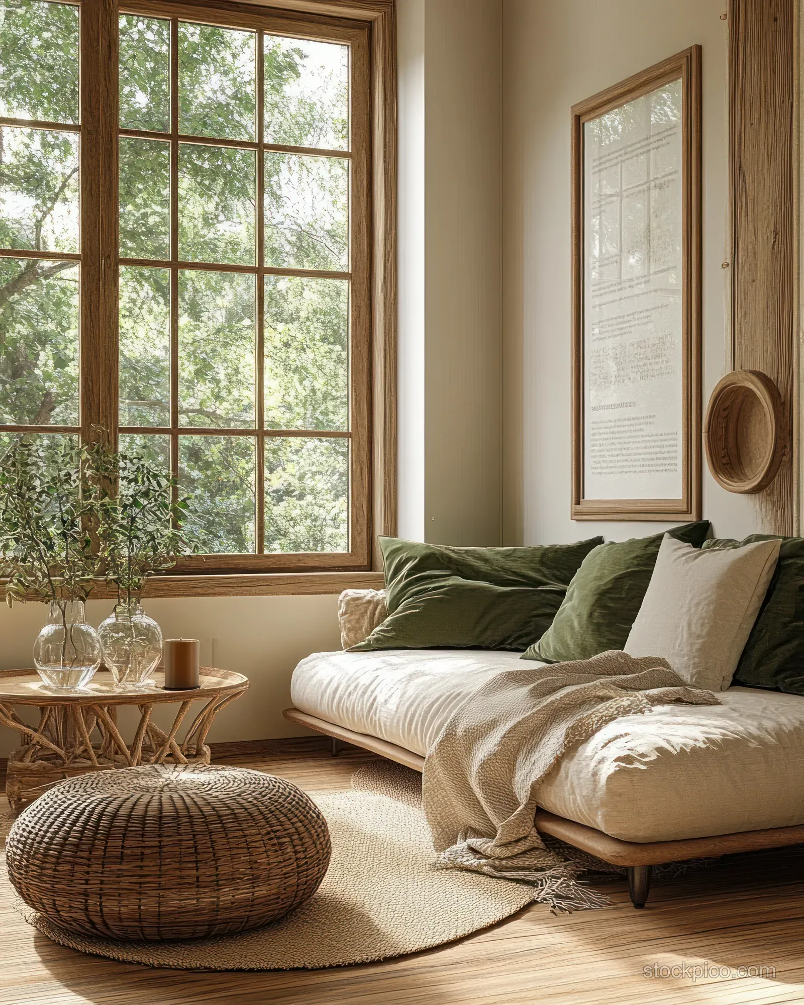 Sunlit Scandinavian living room interior with sofa, natural decor, and a framed poster mockup on the wall.