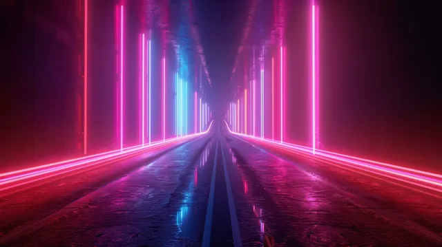 Neon light rays guide into a night highway tunnel with glowing lines and geometric glow