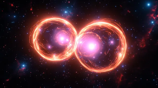 Two glowing fiery spheres linked by a bright core light amid star-filled cosmic dust