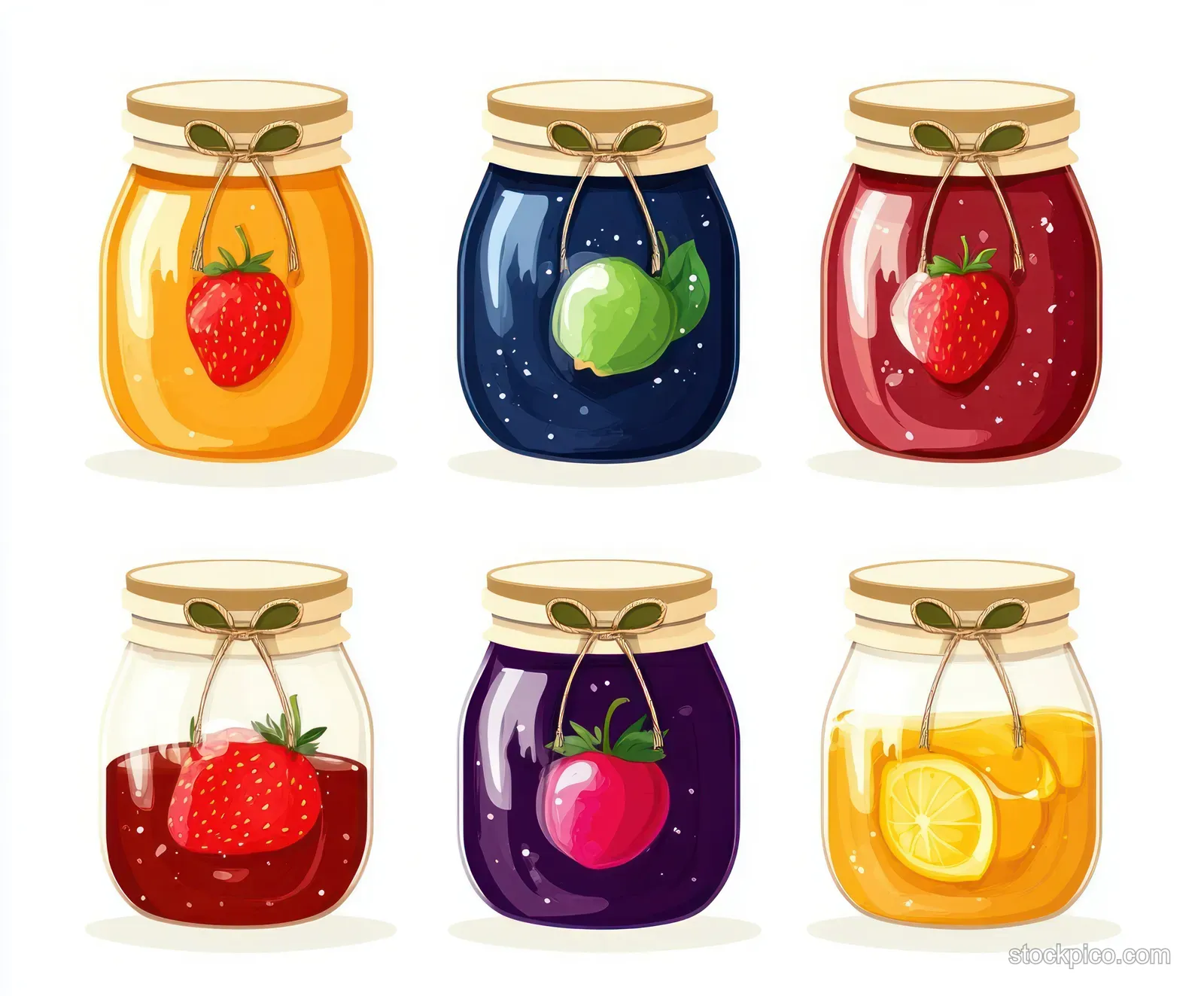 Six glass jam jars with cloth and string lids, filled with colorful fruit preserves including strawberries, apple slices, and lemon.