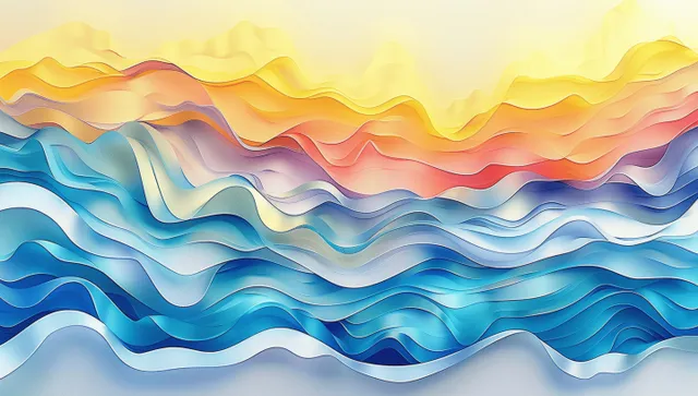Pastel ocean wave layers beneath a sunny sky with fluid ribbon-like swirls and copy space