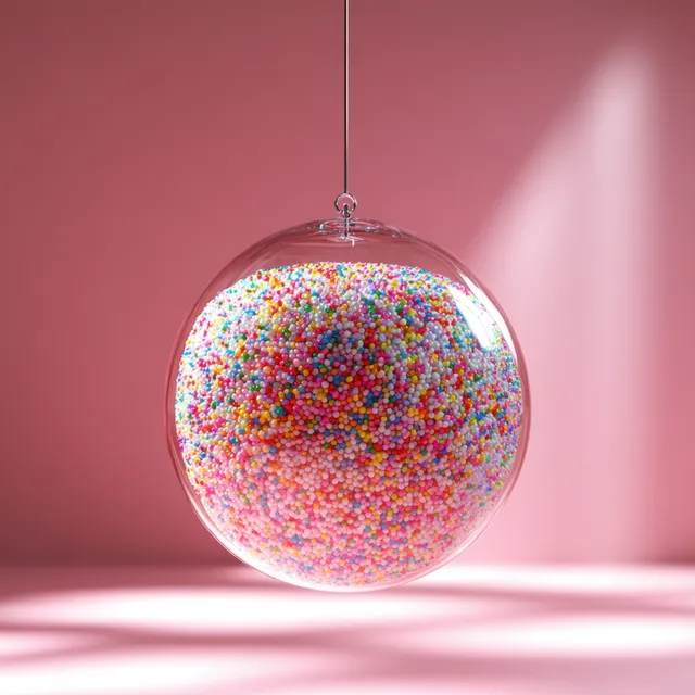 Colorful sprinkle-filled condom sphere hangs from a thin string against a soft pink background.