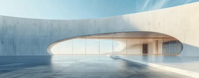 Curved concrete architecture entrance with a white wall and doorway beneath a blue sky in an empty courtyard.
