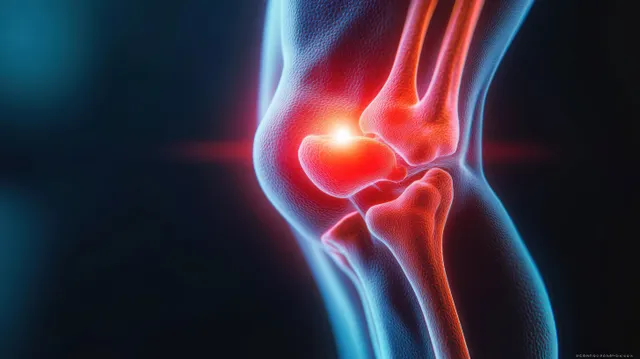 3D knee joint anatomy with glowing red patella inflammation overlaid on blue skeletal bones