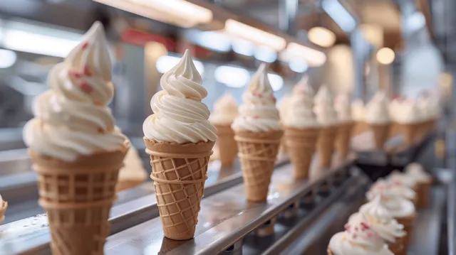 Soft-serve swirls sit atop waffle cones on a conveyor belt in a stainless ice cream factory line.