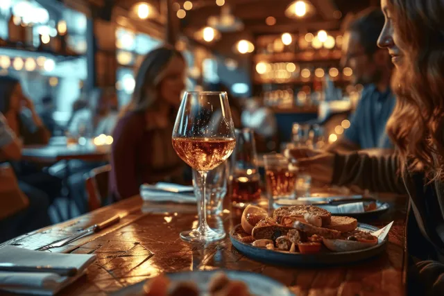Friends toast with wine and share Spanish tapas at a warmly lit bar counter