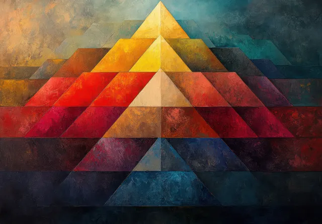Abstract pyramid of colorful stacked layers rises against a textured geometric background.