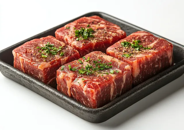 Raw beef steak pieces in black tray with bright studio lighting and detailed marbling