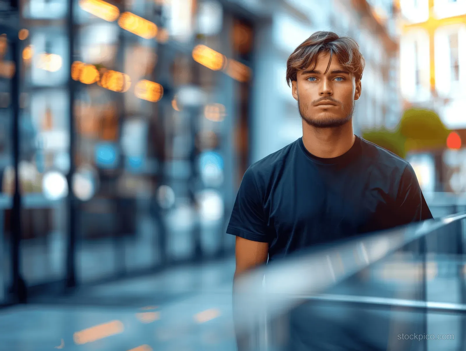 A young man in a black T-shirt poses on a London street with softly blurred storefront lights behind him.