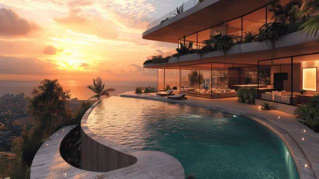 Curved hillside mansion overlooking ocean sunset with glass pool terrace