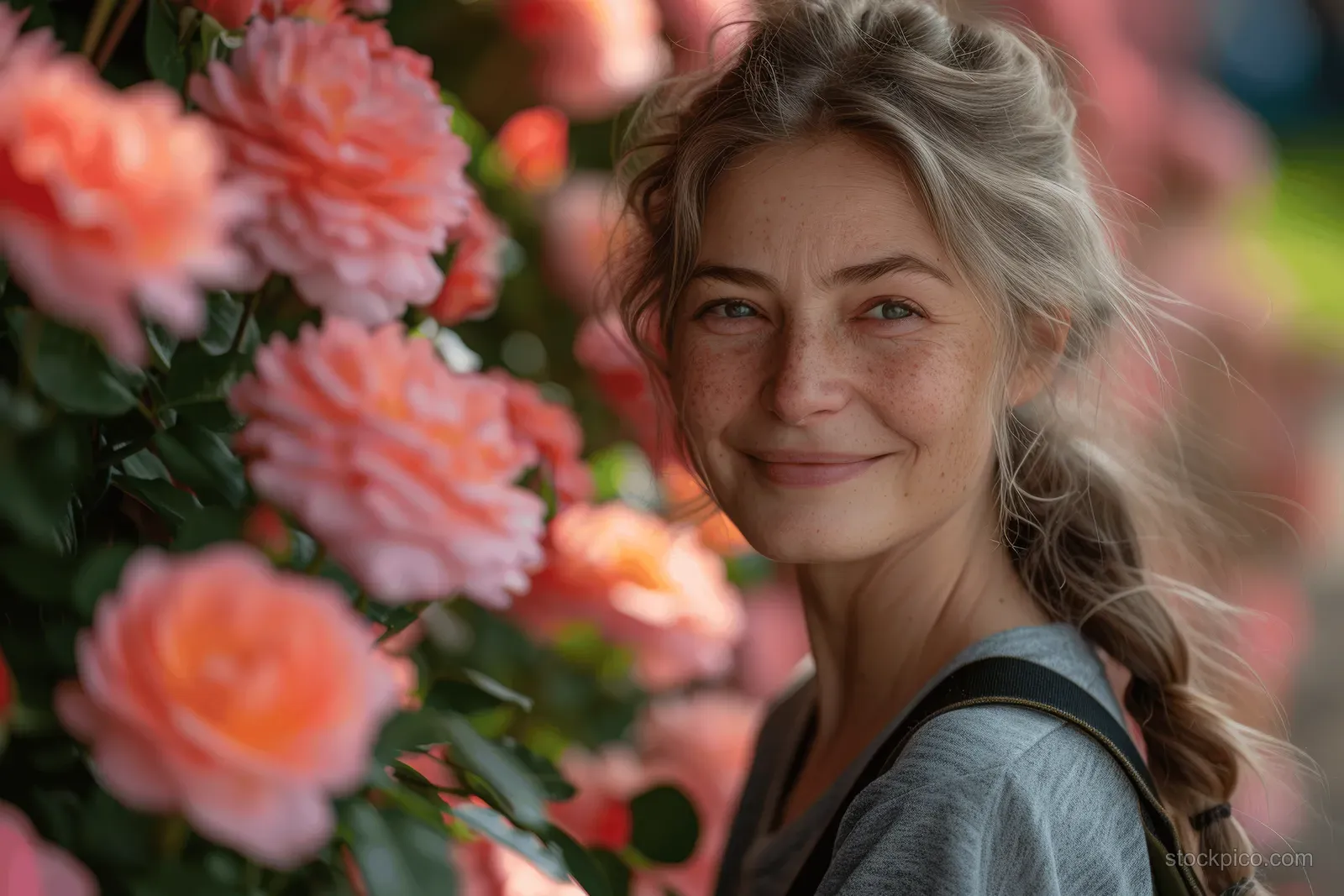 Elderly woman smiles near pink and orange flowers in a park garden during daylight.