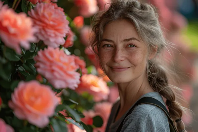 Grandmother smiles beside granddaughter holding colorful flowers in a sunny park garden