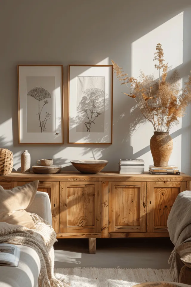 Scandinavian living room corner with wooden sideboard, framed prints, and morning sunlight with Wall Art Framing