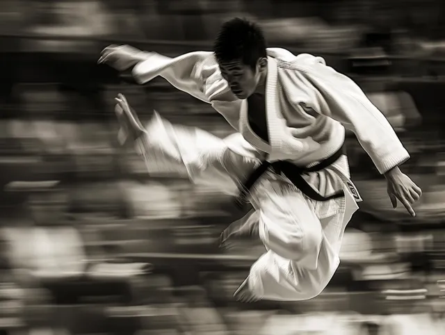 A judoka in a white gi performs a spinning judo throw in front of a cheering crowd during a match.