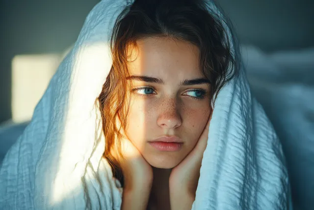 A young woman wrapped in a white blanket sits indoors, holding her head with soft sunlight on her face.