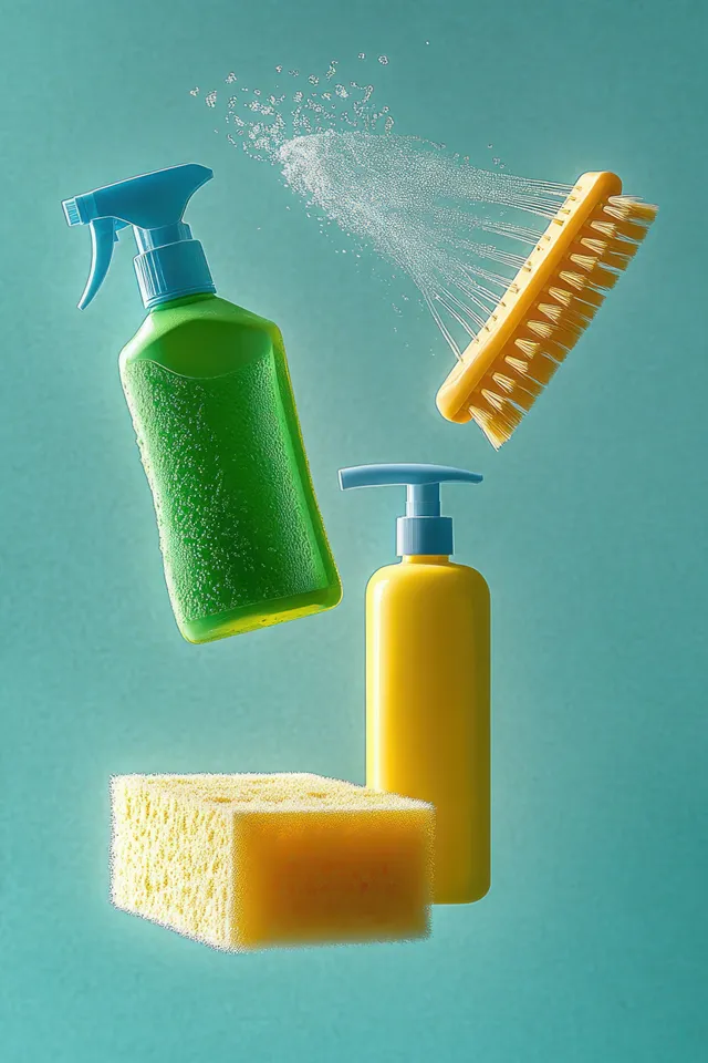Green spray bottle and yellow pump cleaner float with a scrub brush spraying water and a sponge on a teal background.