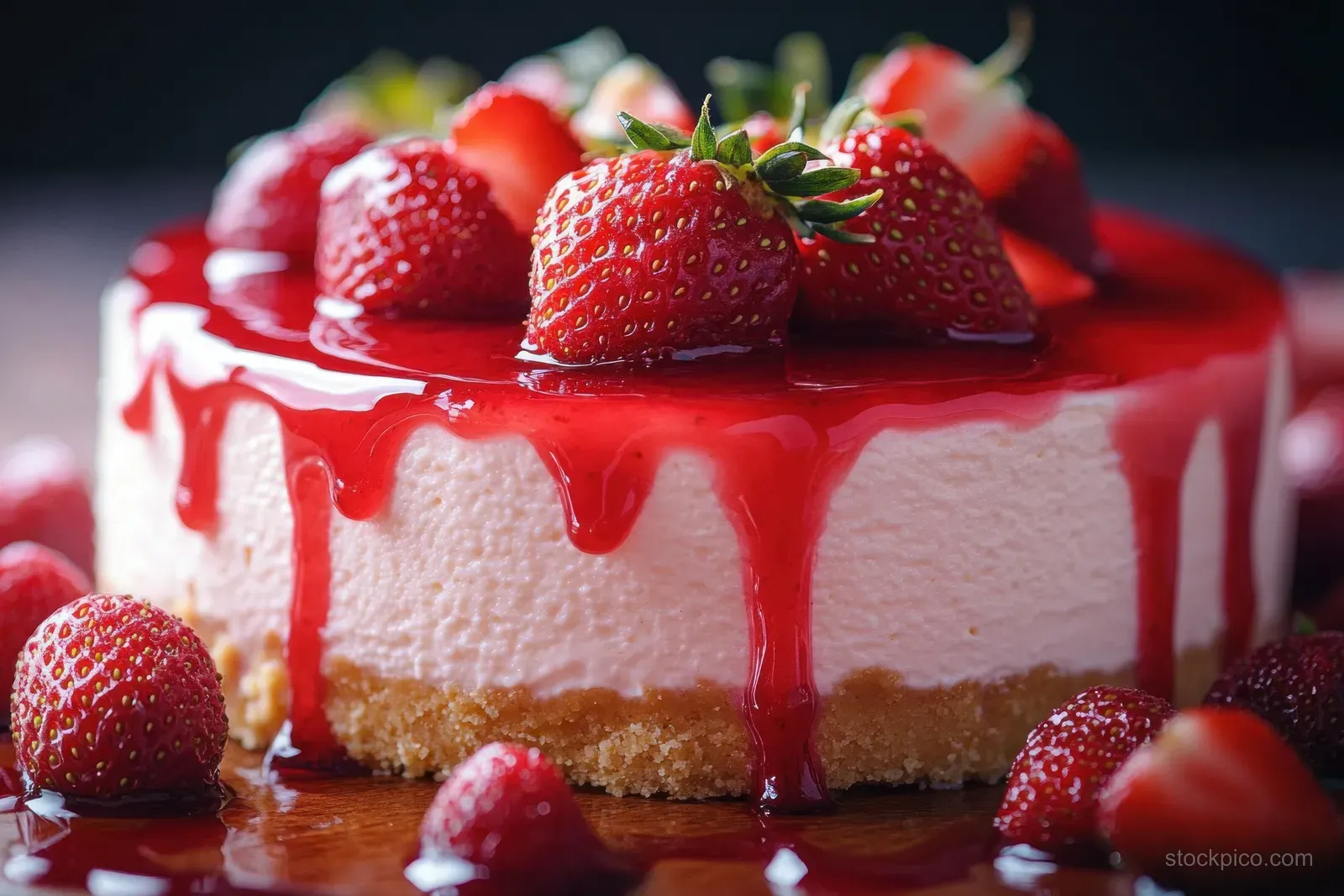 Close-up of a cheesecake slice with red strawberry sauce dripping and fresh strawberries on top.