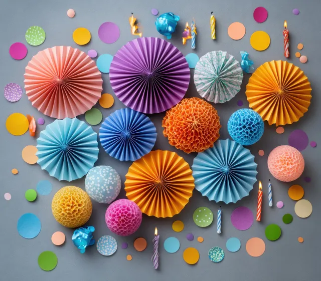 Multicolored paper fan rosettes, honeycomb balls, confetti, and lit candles arranged on a flat festive table.