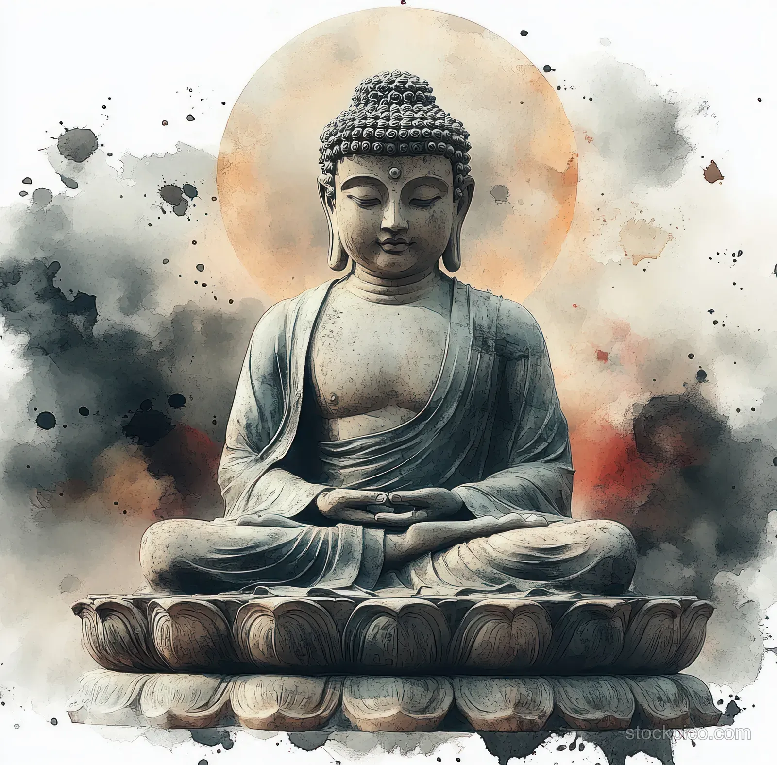 A meditating Buddha statue seated on a lotus pedestal with a glowing halo and watercolor splashes around it.