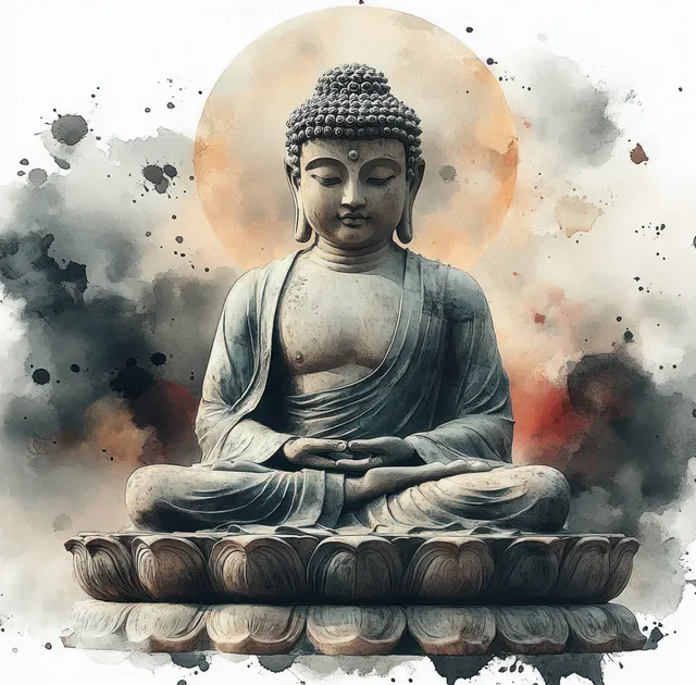 A meditating Buddha statue seated on a lotus pedestal with a glowing halo and watercolor splashes around it.