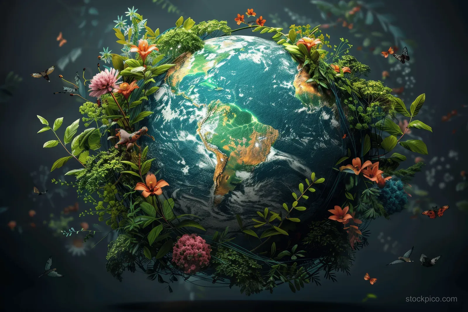 A glowing Earth globe encircled by green leaves, flowers, birds, and butterflies in an environmental conservation scene.