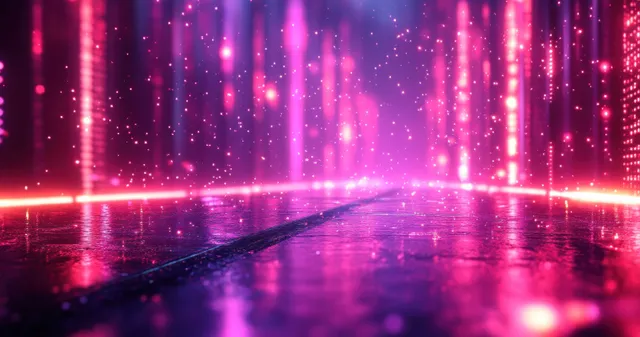 Purple neon light beams rise above a dark corridor while a wet floor mirrors the glow and sparkles.