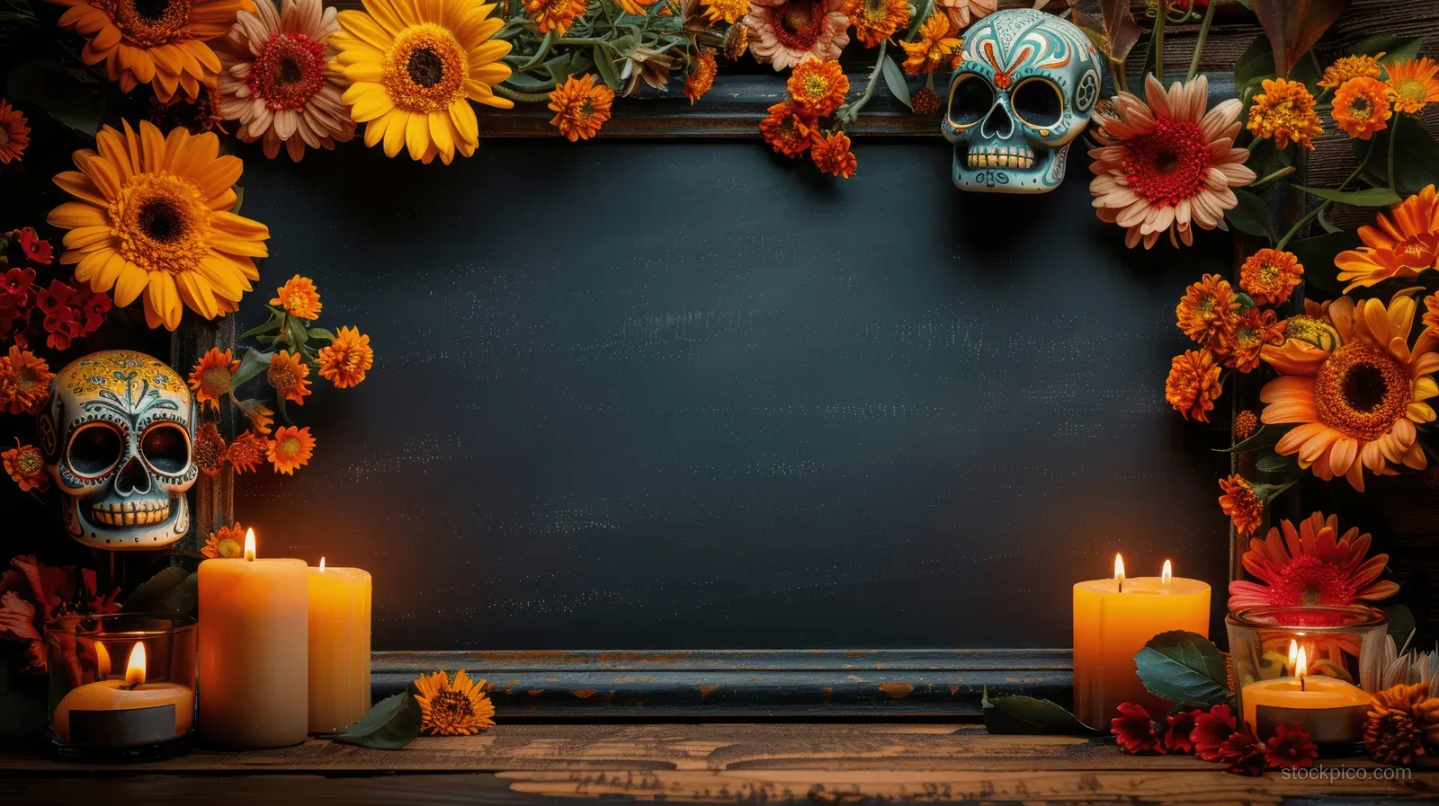 Sugar skulls and marigold flowers surround lit candles on a chalkboard backdrop.
