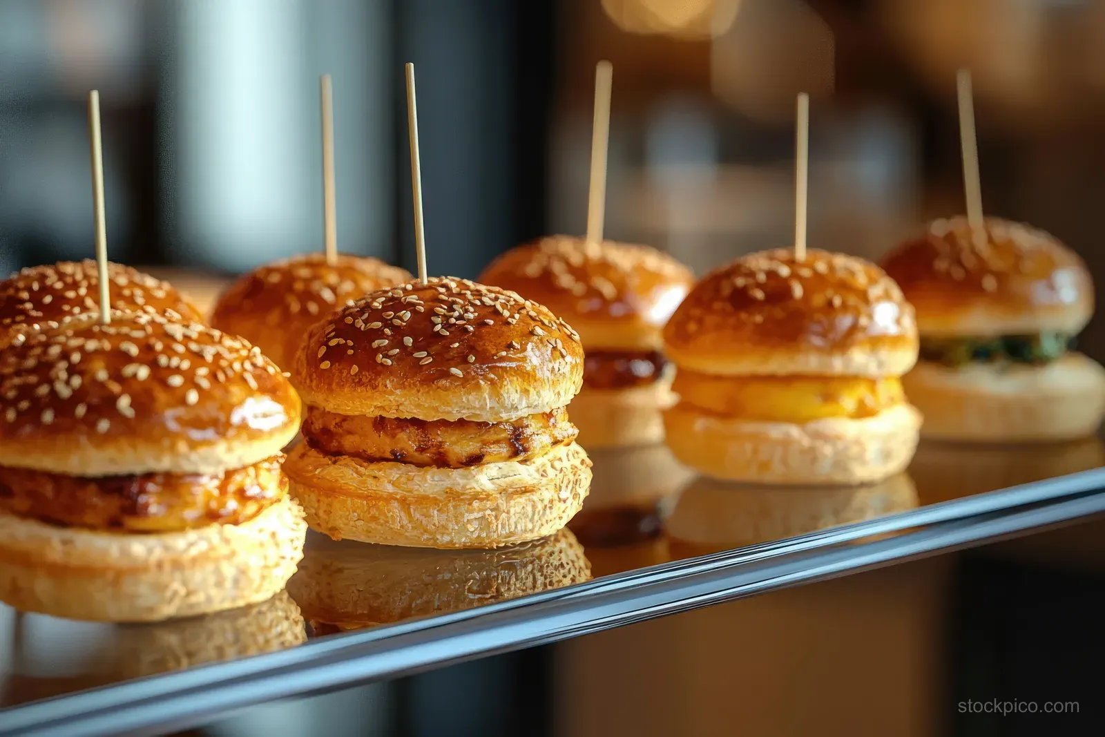 Row of mini sesame slider burgers with different fillings arranged on a reflective tray under warm lighting.