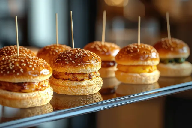 Row of mini sesame slider burgers with different fillings arranged on a reflective tray under warm lighting.
