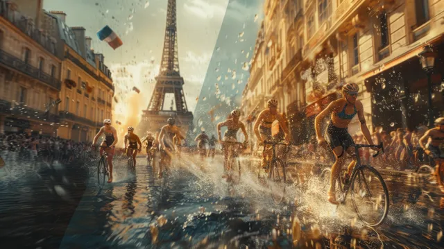 Cycling triathletes surge through a wet Paris street transition with the Eiffel Tower and splashing spectators visible.